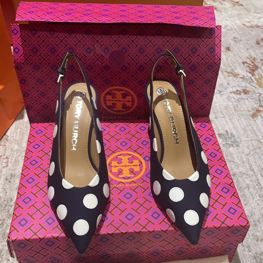 Tory Burch Slingback Spencer In Polka Dot Fabric In Blue